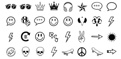 Collection of hand drawn doodle icons featuring skulls smiley faces and musical symbols