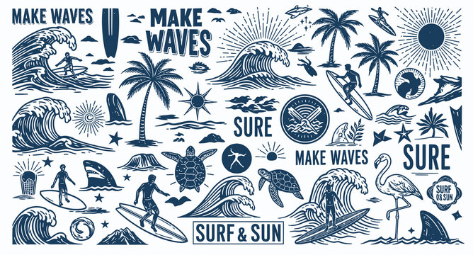 Vintage style surfing and beach elements collection with palm trees and ocean waves