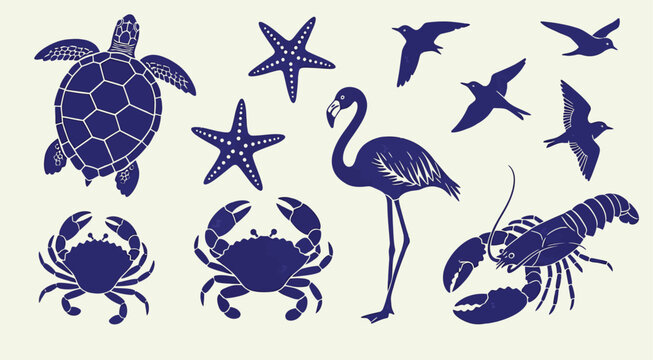 Collection of dark blue nautical and tropical animal silhouettes on a light background