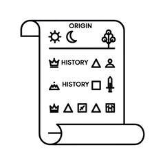 Historical timeline on scroll vector icon. ancient history document with origin and event symbols
