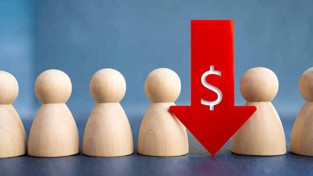 Wooden human figures with red downward arrow and dollar symbol, representing economic downturn, income reduction, wage decline, inflation impact, financial crisis, or cost of living challenges.