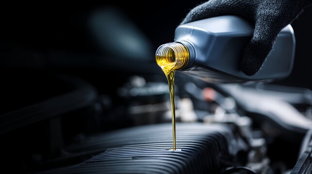 Pouring engine oil into a car's motor for maintenance and care