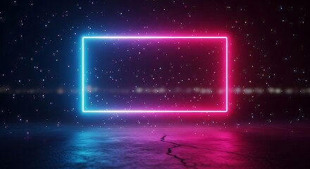 Glowing neon square frame with reflective surface and bokeh lights