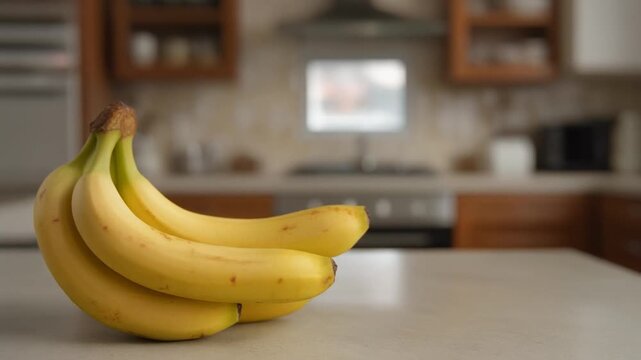 A bunch of ripe, yellow bananas rests on a kitchen counter, suggesting freshness and healthy eating. The scene evokes a sense of home and nourishment