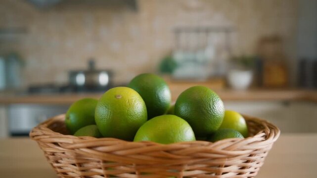 Fresh limes sit in a wicker basket, evoking a sense of healthy eating and the zest of life. The limes are a vibrant green, with a touch of yellow