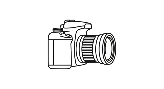 Line art drawing of a modern digital single-lens reflex camera representing equipment and imaging technology