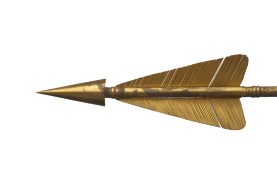 Ancient egyptian golden arrow with hieroglyphs and fletching isolated on transparent background