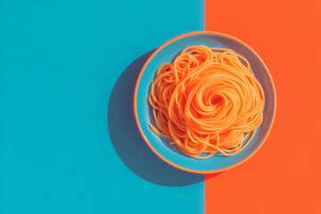 Orange Spaghetti in Plate on Bright Duotone Background – Minimalist Food Composition