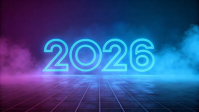 Neon 2026 glowing on a futuristic grid with smoke and colorful cosmic background