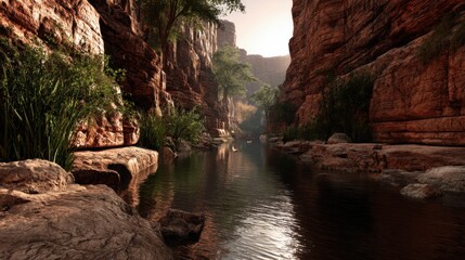 Serene Canyon River at Sunset with Rocky Cliffs and Green Vegetation