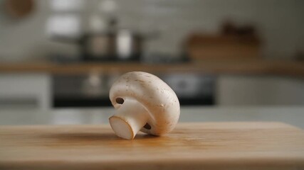A close-up shot of a single fresh mushroom on a wooden cutting board, with a blurred kitchen background