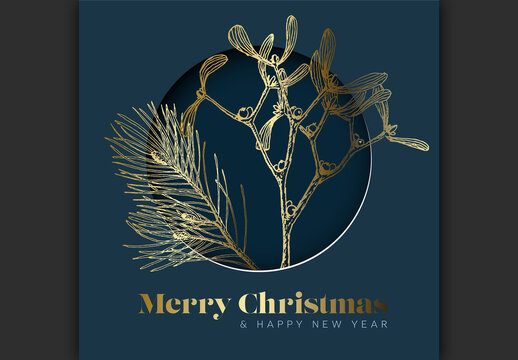 Elegant Christmas Mistletoe & Pine Card with Gold Accents
