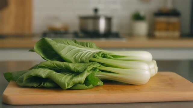 Fresh bok choy resting on a wooden cutting board, ready for cooking in a modern kitchen. The scene exudes a sense of culinary freshness and domesticity