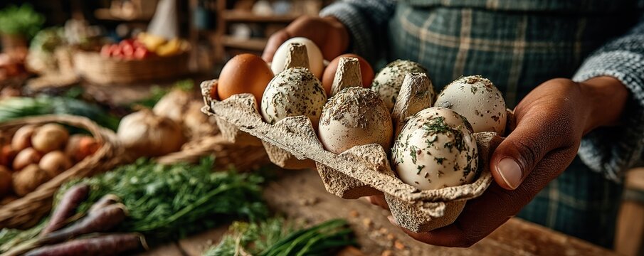 Person holding a carton of seasoned eggs among fresh produce at the market