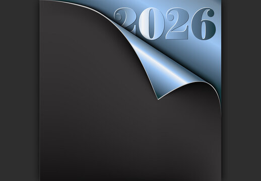 2026 New Year's Greeting with Rolled Blue Page Corner on Dark Background