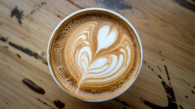 A close-up overhead view of a beautifully crafted latte with intricate latte art on a rustic wooden table.
