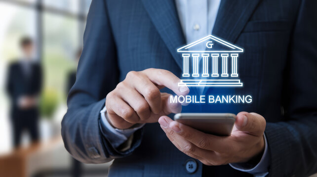 Businessman using smartphone for mobile banking services with digital bank icon.