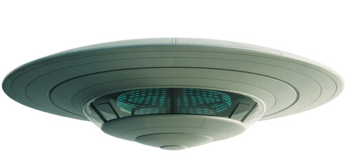 Futuristic silver disc-shaped craft with glowing blue lights and layered hull isolated on white background.