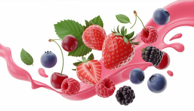 Mixed berries and cherries splashing into pink liquid with white background.