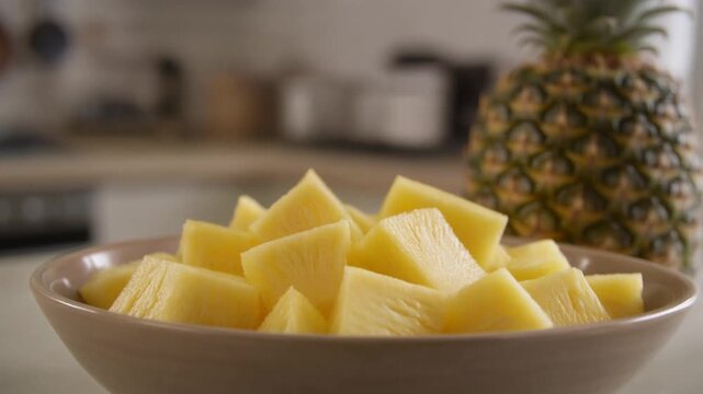 Fresh, juicy pineapple chunks in a bowl with a whole pineapple in the background, a taste of tropical freshness. Close-up shot, capturing the vibrant color and texture. 