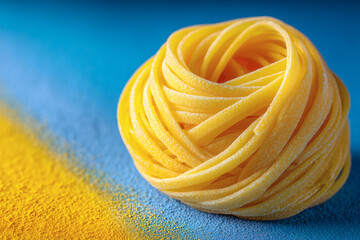 Nest of Raw Pasta on Blue and Yellow Background – Macro Food Ingredients