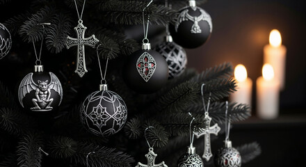 Black Christmas tree with gothic style ornaments. Dark alternative holiday decor featuring gargoyles, crosses, and silver filigree. A spooky and macabre festive celebration