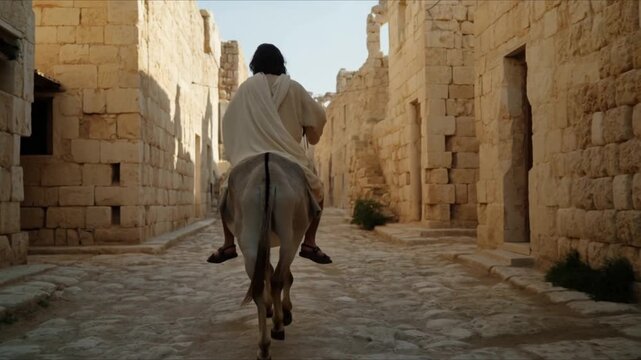 Jesus riding a donkey on a deserted street in Jerusalem