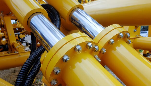 Close-up of powerful yellow hydraulic cylinders on heavy machinery