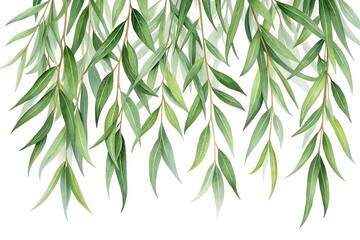 Watercolor green weeping willow leaves decorative border art