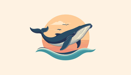 Whale Illustration Leaping from Ocean Waves with Sunset Backdrop