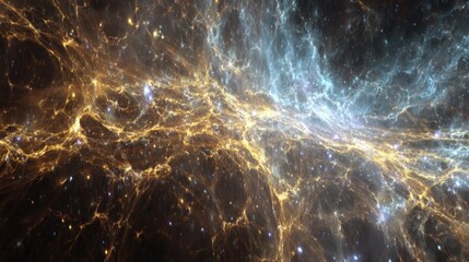 Artistic depiction of the universe with glowing cosmic filaments and stars in deep space