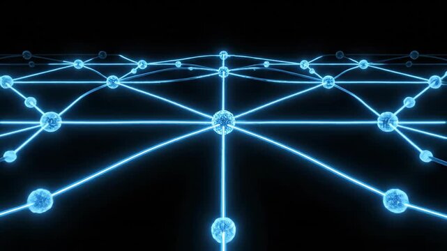 Abstract blue energy orb pulsing and expanding into radiant beams before forming a interconnected digital grid. Minimalist visualization of technological growth and network connectivity.