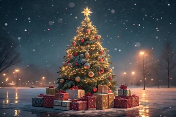 Winter wonderland christmas tree and presents in snowy night