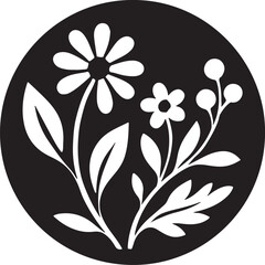 Black circle with white stylized flowers and leaves leaf plant