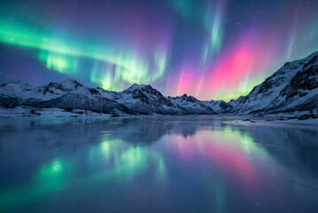 Vivid aurora borealis illuminating the night sky above a frozen lake and snowy mountains. Vibrant colors mirrored in the water create a breathtaking winter landscape perfect for travel and nature them
