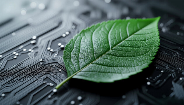 Green Technology Leaf on Circuit Board Symbolizing Eco-Friendly Tech Solutions