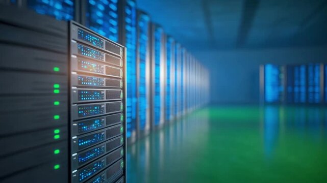 Server Room: A high-tech server room showcasing rows of interconnected computer servers, emanating a futuristic atmosphere and symbolizing the backbone of modern digital infrastructure.  - Powered by Adobe