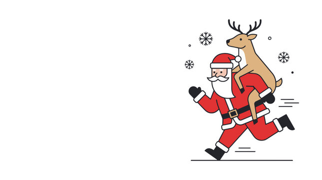 A humorous illustration of Santa Claus running very fast and carrying a reindeer on his back