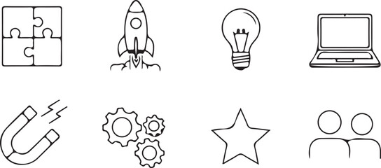 Innovation and Progress Icons: A set of simple yet powerful icons representing various concepts, ideal for conveying ideas such as problem-solving, startup, innovation, creativity.