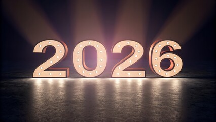 Illuminated 2026 new year celebration sign casting light on a dark textured floor