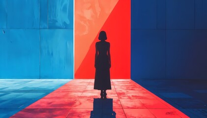 Woman silhouette standing at crossroads with red and blue color choices