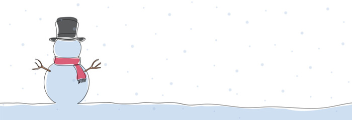 Continuous line drawing of snowman Christmas and new year. One line art concept of Christmas and happy new years greeting card. Vector illustration.