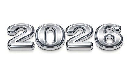 Shiny metallic 2026 numbers isolated on white background for new year designs