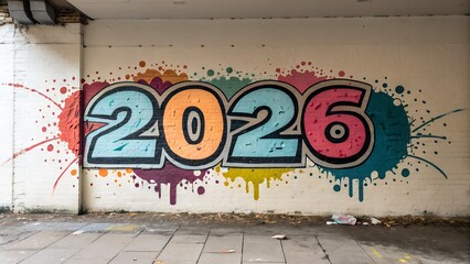 Colorful graffiti art displaying the year 2026 on a weathered brick wall