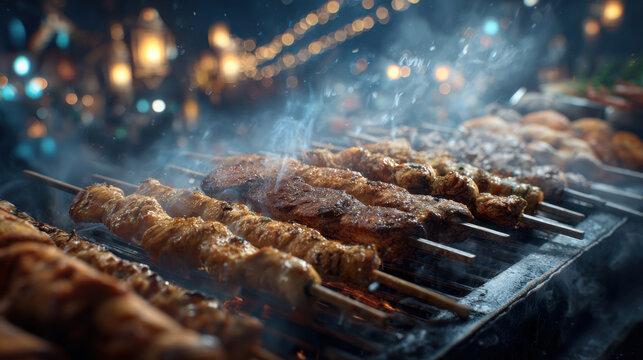 Grilled meat skewers sizzling over charcoal with smoky aroma and warm festive lights creating appetizing street food atmosphere
