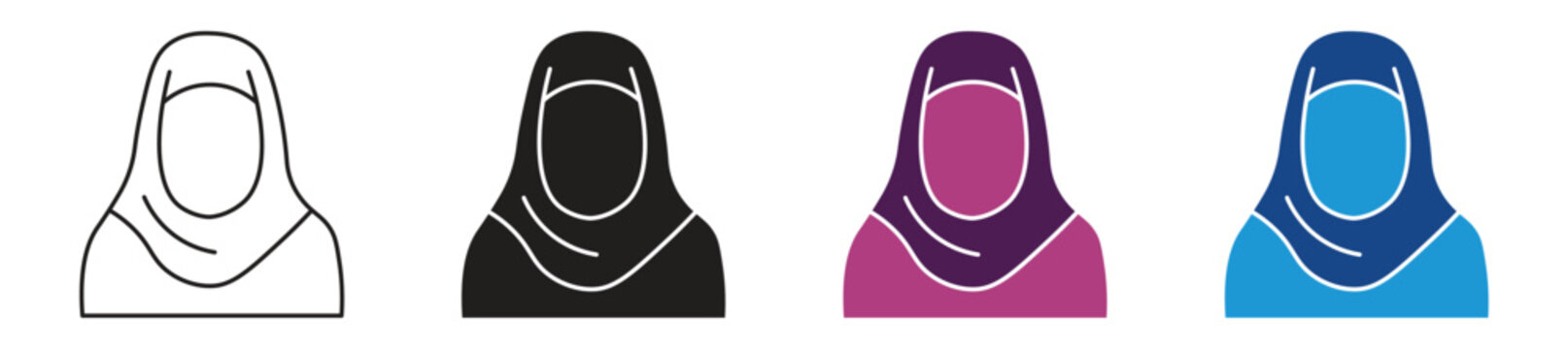 Veiled Muslim Women Icons. Islamic Hijab and Traditional Attire. Female Cultural and Religious Symbols. Vector Illustration.