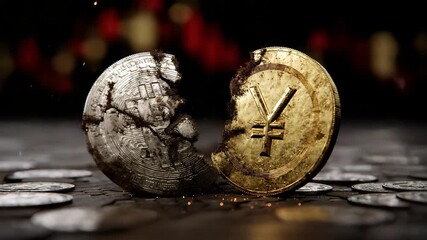 cracked golden dollar coin facing a rising yuan coin in a dark financial arena, sparks flying as they collide, background of trade embargo icons and tariff barriers