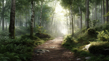 Obraz premium Sunlit forest path winding through birch and pine trees with ferns and mossy rocks, early morning mist creating peaceful, atmospheric woodland scene