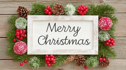 Christmas wooden background with white distressed frame showing "Merry Christmas" script, surrounded by pine branches, red berries, pinecones and festive ornaments. Ideal for wallpaper, poster