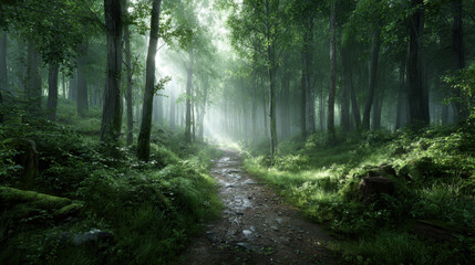 Obraz premium Misty forest path lined with young sapling and lush green undergrowth, sunbeams filtering through tall trees creating serene nature scene and soft atmospheric light